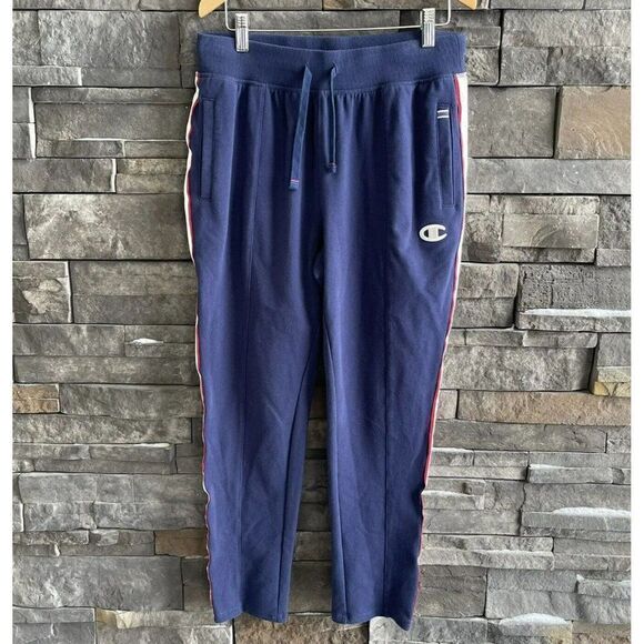 Champion Red White And Blue Sweat Pants Size‎ M Spell out On Leg Stripe Pockets - Picture 1 of 5